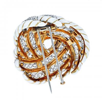 David Webb DAVID WEBB 18K YELLOW GOLD WHITE ENAMEL AND 8 00CTTW DIAMOND KNOT BROOCH