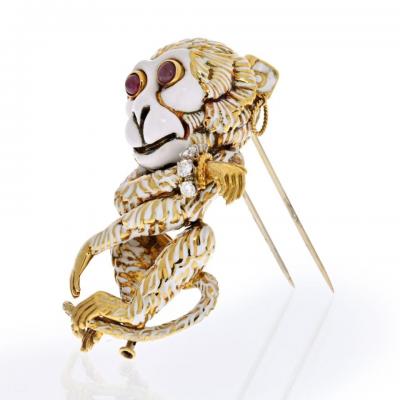 David Webb DAVID WEBB 18K YELLOW GOLD WHITE ENAMEL GYPSY MONKEY BROOCH