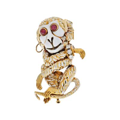David Webb DAVID WEBB 18K YELLOW GOLD WHITE ENAMEL GYPSY MONKEY BROOCH