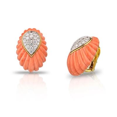 David Webb DAVID WEBB 1970S PLATINUM 18K YELLOW GOLD CORAL AND DIAMOND EARRINGS
