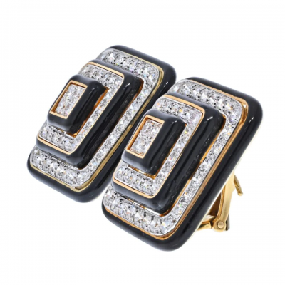 David Webb DAVID WEBB BLACK ENAMEL AND DIAMOND SQUARE SHAPED EARRINGS