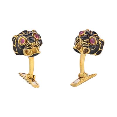 David Webb DAVID WEBB BLACK ENAMEL LION HEAD WITH RUBY EYES CUFF LINKS