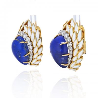 David Webb DAVID WEBB BLUE LAPIS DIAMONDS AND WHITE ENAMEL EARRINGS