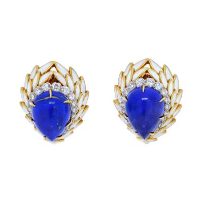 David Webb DAVID WEBB BLUE LAPIS DIAMONDS AND WHITE ENAMEL EARRINGS