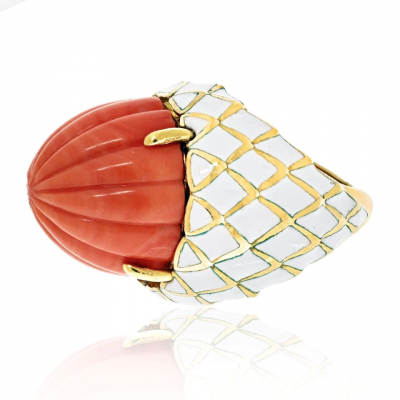 David Webb DAVID WEBB BOMBE PLATINUM 18K YELLOW GOLD CARVED CORAL WHITE ENAMEL RING