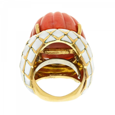 David Webb DAVID WEBB BOMBE PLATINUM 18K YELLOW GOLD CARVED CORAL WHITE ENAMEL RING