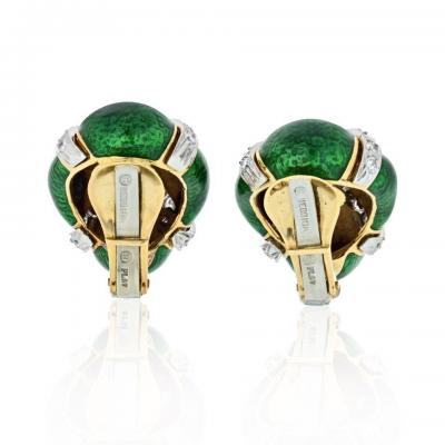 David Webb DAVID WEBB BOMBE PLATINUM 18K YELLOW GOLD GREEN ENAMEL DIAMOND CLIP EARRINGS