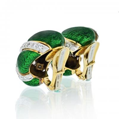 David Webb DAVID WEBB BOMBE PLATINUM 18K YELLOW GOLD GREEN ENAMEL DIAMOND CLIP EARRINGS