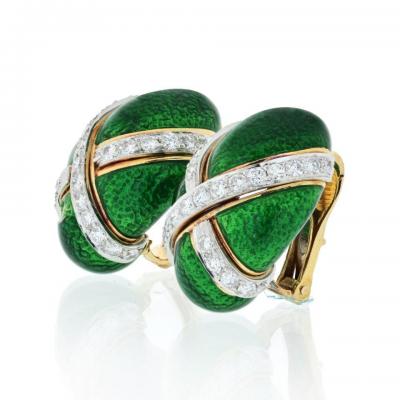 David Webb DAVID WEBB BOMBE PLATINUM 18K YELLOW GOLD GREEN ENAMEL DIAMOND CLIP EARRINGS