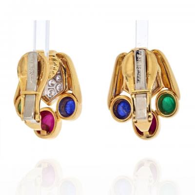 David Webb DAVID WEBB CABOCHON SAPPHIRE EMERALD AND RUBY BEAR PAW EARRINGS