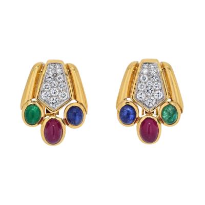 David Webb DAVID WEBB CABOCHON SAPPHIRE EMERALD AND RUBY BEAR PAW EARRINGS