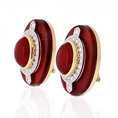 David Webb DAVID WEBB CARNELIAN PLATINUM 18K YELLOW GOLD DIAMOND CLIP EARRINGS