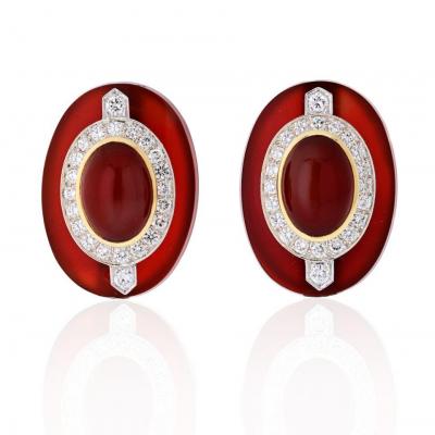 David Webb DAVID WEBB CARNELIAN PLATINUM 18K YELLOW GOLD DIAMOND CLIP EARRINGS