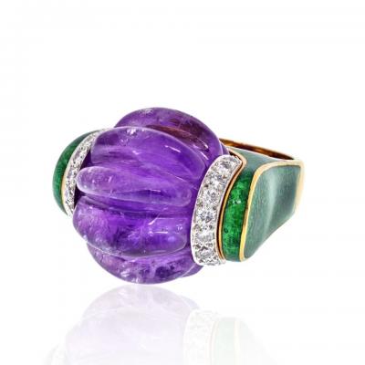 David Webb DAVID WEBB CARVED SMOOTH PURPLE AMETHYST GREEN ENAMEL AND DIAMOND RING