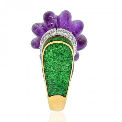 David Webb DAVID WEBB CARVED SMOOTH PURPLE AMETHYST GREEN ENAMEL AND DIAMOND RING