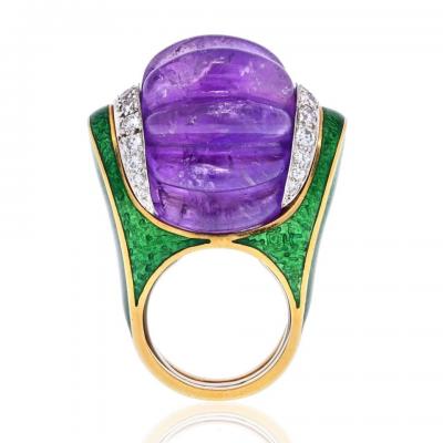 David Webb DAVID WEBB CARVED SMOOTH PURPLE AMETHYST GREEN ENAMEL AND DIAMOND RING