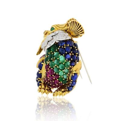 David Webb DAVID WEBB COCKATRICE 18K YELLOW GOLD COLORED GEMSTONE BROOCH