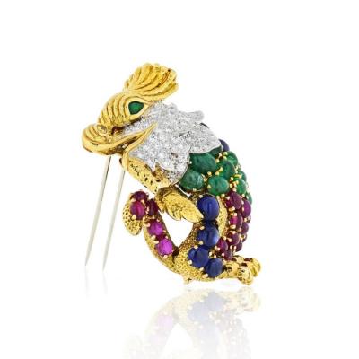 David Webb DAVID WEBB COCKATRICE 18K YELLOW GOLD COLORED GEMSTONE BROOCH