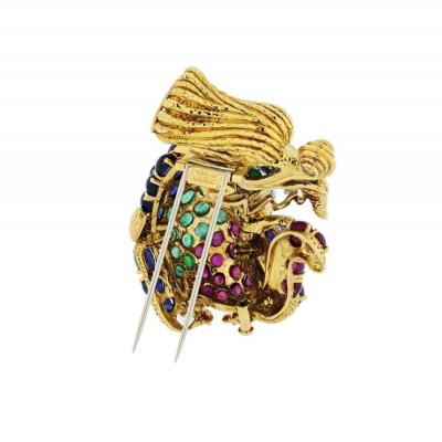 David Webb DAVID WEBB COCKATRICE 18K YELLOW GOLD COLORED GEMSTONE BROOCH
