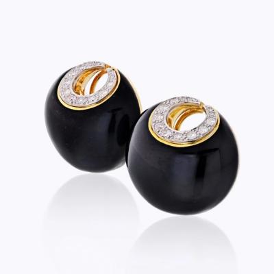 David Webb DAVID WEBB CRESCENT PLATINUM 18K YELLOW GOLD BLACK ENAMEL DIAMONDS EARRINGS