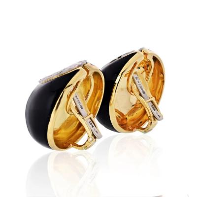David Webb DAVID WEBB CRESCENT PLATINUM 18K YELLOW GOLD BLACK ENAMEL DIAMONDS EARRINGS