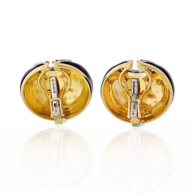 David Webb DAVID WEBB CRESCENT PLATINUM 18K YELLOW GOLD BLACK ENAMEL DIAMONDS EARRINGS