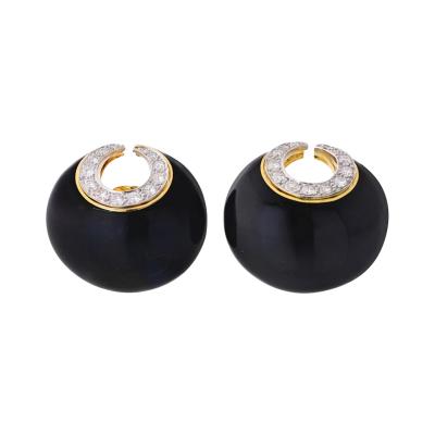 David Webb DAVID WEBB CRESCENT PLATINUM 18K YELLOW GOLD BLACK ENAMEL DIAMONDS EARRINGS