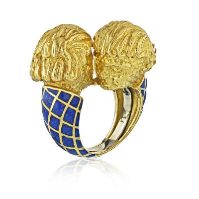 David Webb DAVID WEBB CROSSOVER PLATINUM 18K YELLOW GOLD BLUE ENAMEL DOUBLE HEAD RING