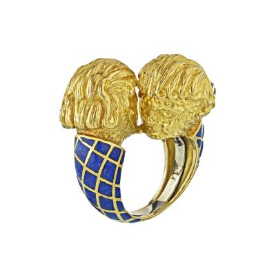 David Webb DAVID WEBB CROSSOVER PLATINUM 18K YELLOW GOLD BLUE ENAMEL DOUBLE HEAD RING