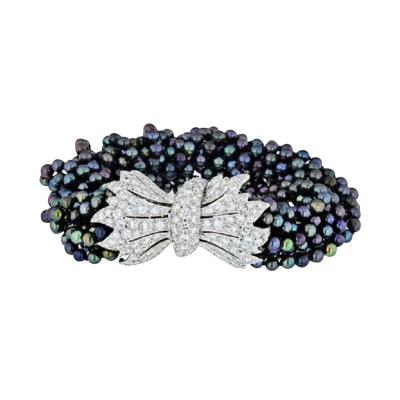 David Webb DAVID WEBB DYED BLACK CULTURED PEARL TORSADE BRACELET WITH DIAMOND CLASP