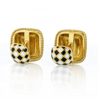 David Webb DAVID WEBB ENAMEL 18K YELLOW GOLD BLACK WHITE CUFF LINKS