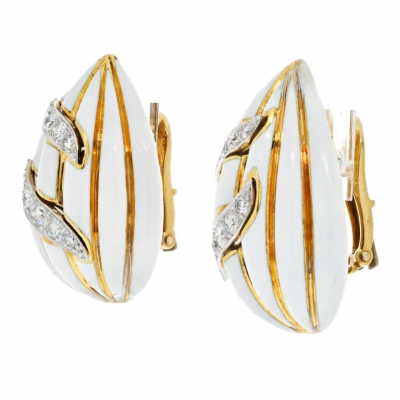 David Webb DAVID WEBB FLUTED ALMONDS WHITE ENAMEL AND DIAMOND EARRINGS