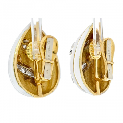 David Webb DAVID WEBB FLUTED ALMONDS WHITE ENAMEL AND DIAMOND EARRINGS