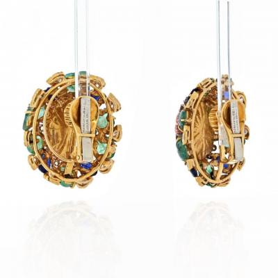 David Webb DAVID WEBB FLUTED CORAL CARVED EMERALD SAPPHIRE AND DIAMOND EARRINGS