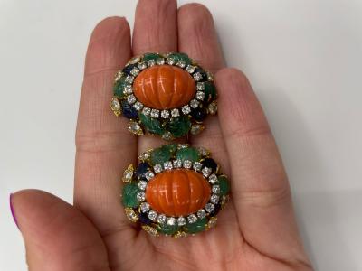 David Webb DAVID WEBB FLUTED CORAL CARVED EMERALD SAPPHIRE AND DIAMOND EARRINGS