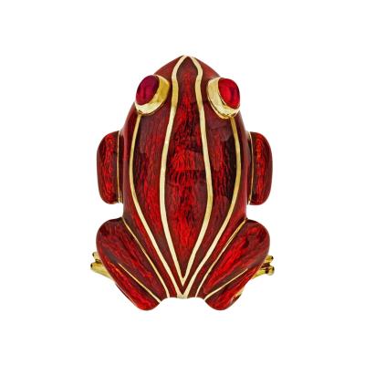 David Webb DAVID WEBB FROG 18K YELLOW GOLD IN RED ENAMEL BROOCH