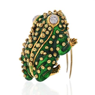 David Webb DAVID WEBB FROG PLATINUM 18K YELLOW GOLD GREEN FROG ENAMEL DIAMONDS BROOCH