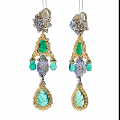 David Webb DAVID WEBB GIRANDOLE CARVED EMERALD AND DIAMOND DANGLE EARRINGS