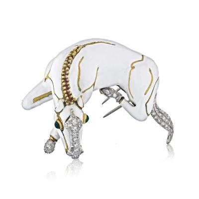 David Webb DAVID WEBB HORSE PLATINUM 18K YELLOW GOLD WHITE ENAMEL DIAMOND BROOCH
