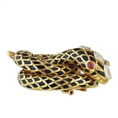 David Webb DAVID WEBB KINGDOM PLATINUM 18K YELLOW GOLD BLACK ENAMEL SNAKE BROOCH