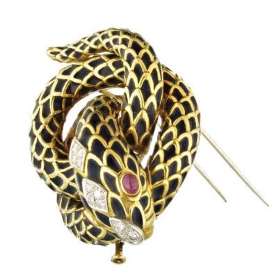 David Webb DAVID WEBB KINGDOM PLATINUM 18K YELLOW GOLD BLACK ENAMEL SNAKE BROOCH