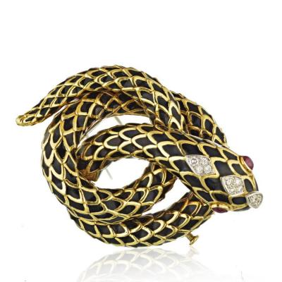 David Webb DAVID WEBB KINGDOM PLATINUM 18K YELLOW GOLD BLACK ENAMEL SNAKE BROOCH