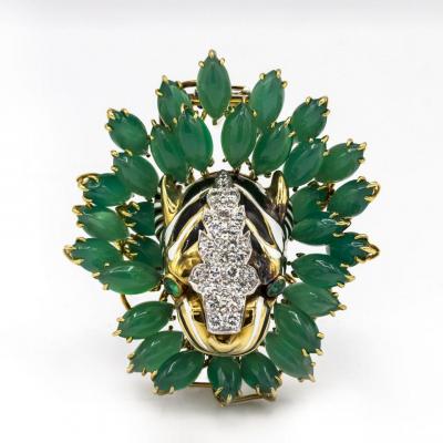 David Webb DAVID WEBB KINGDOM PLATINUM 18K YELLOW GOLD DIAMOND TIGER CHRYSOPRASE BROOCH
