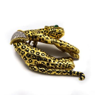 David Webb DAVID WEBB LEOPARD 18K YELLOW GOLD DIAMOND EMERALD PENDANT AND BROOCH