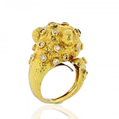 David Webb DAVID WEBB LEOPARD 18K YELLOW GOLD GREEN EMERALDS DIAMONDS RING