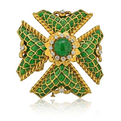 David Webb DAVID WEBB MALTESE CROSS 18K YELLOW GOLD LARGE DIAMOND AND GREEN ENAMEL PENDANT