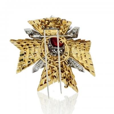 David Webb DAVID WEBB MALTESE CROSS PLATINUM 18K YELLOW GOLD DIAMONDS CABOCHON RUBY