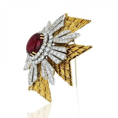 David Webb DAVID WEBB MALTESE CROSS PLATINUM 18K YELLOW GOLD DIAMONDS CABOCHON RUBY