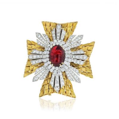 David Webb DAVID WEBB MALTESE CROSS PLATINUM 18K YELLOW GOLD DIAMONDS CABOCHON RUBY