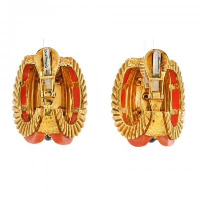 David Webb DAVID WEBB PLATINUM 18K CORAL BLACK ENAMEL AND DIAMOND EARRINGS